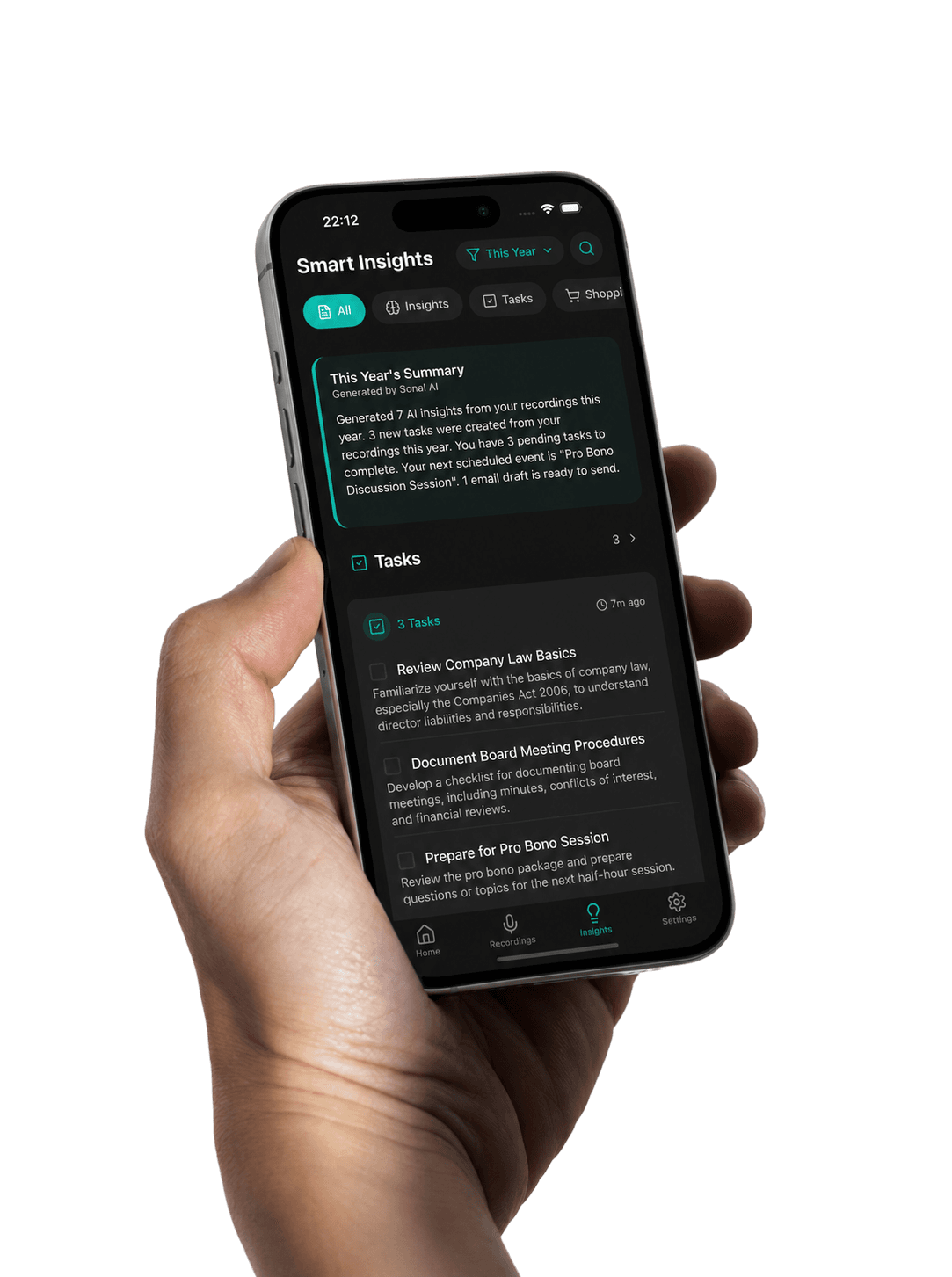 A hand holding a phone open to Smart Insights in the Sonal app