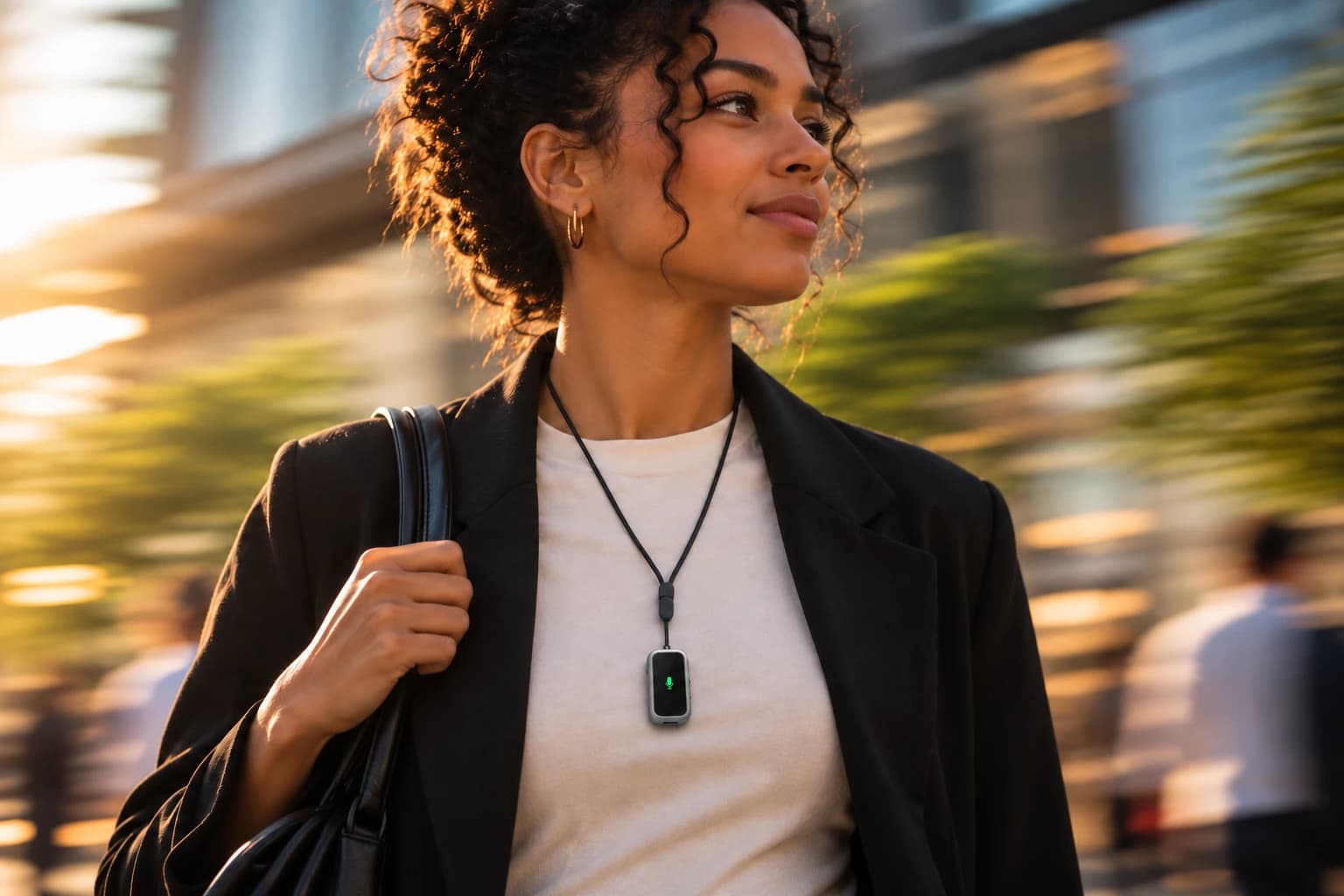 Woman walking through the city wearing Sonal as a pendant