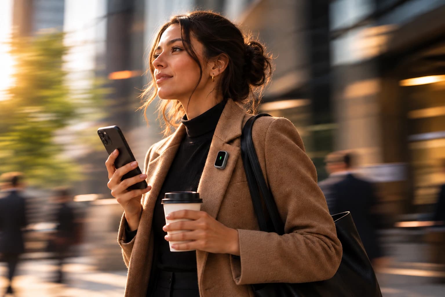 Woman in a camel coat walking through the city with Sonal pinned to her lapel