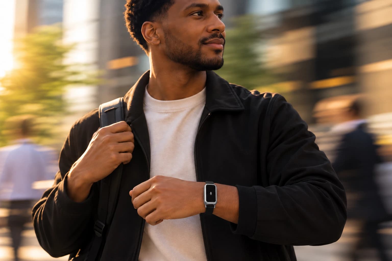 Man walking through the city wearing Sonal on his wrist
